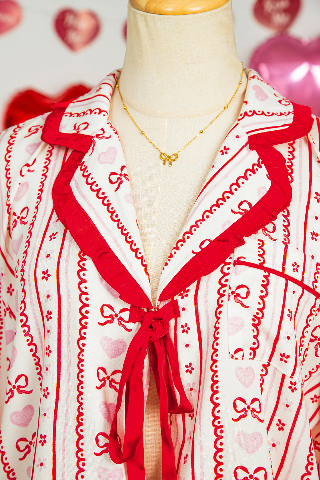Red Sweet Floral Heart Bow Print Contrast Trim Long Sleeve Shirt Pajama Short Set