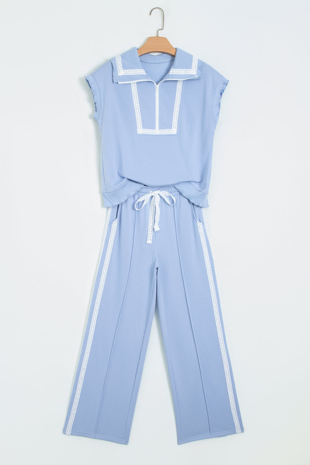 Sky Blue Lace Accent Zipped Collar Short Sleeve Top Sweatpants Set