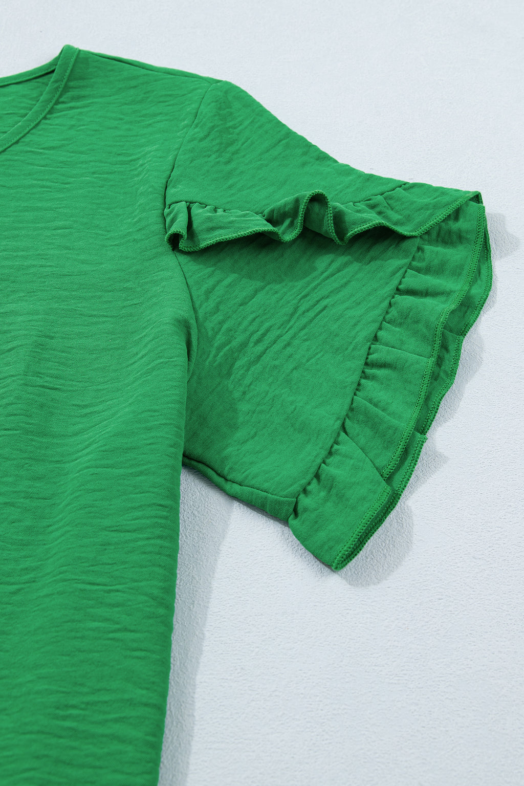 Sea Green Solid Color Ruffle Trim Short Sleeve Blouse