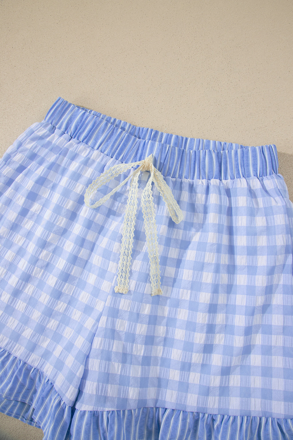 Red Gingham Print Ruffle Striped Detail Lace Tie Shorts