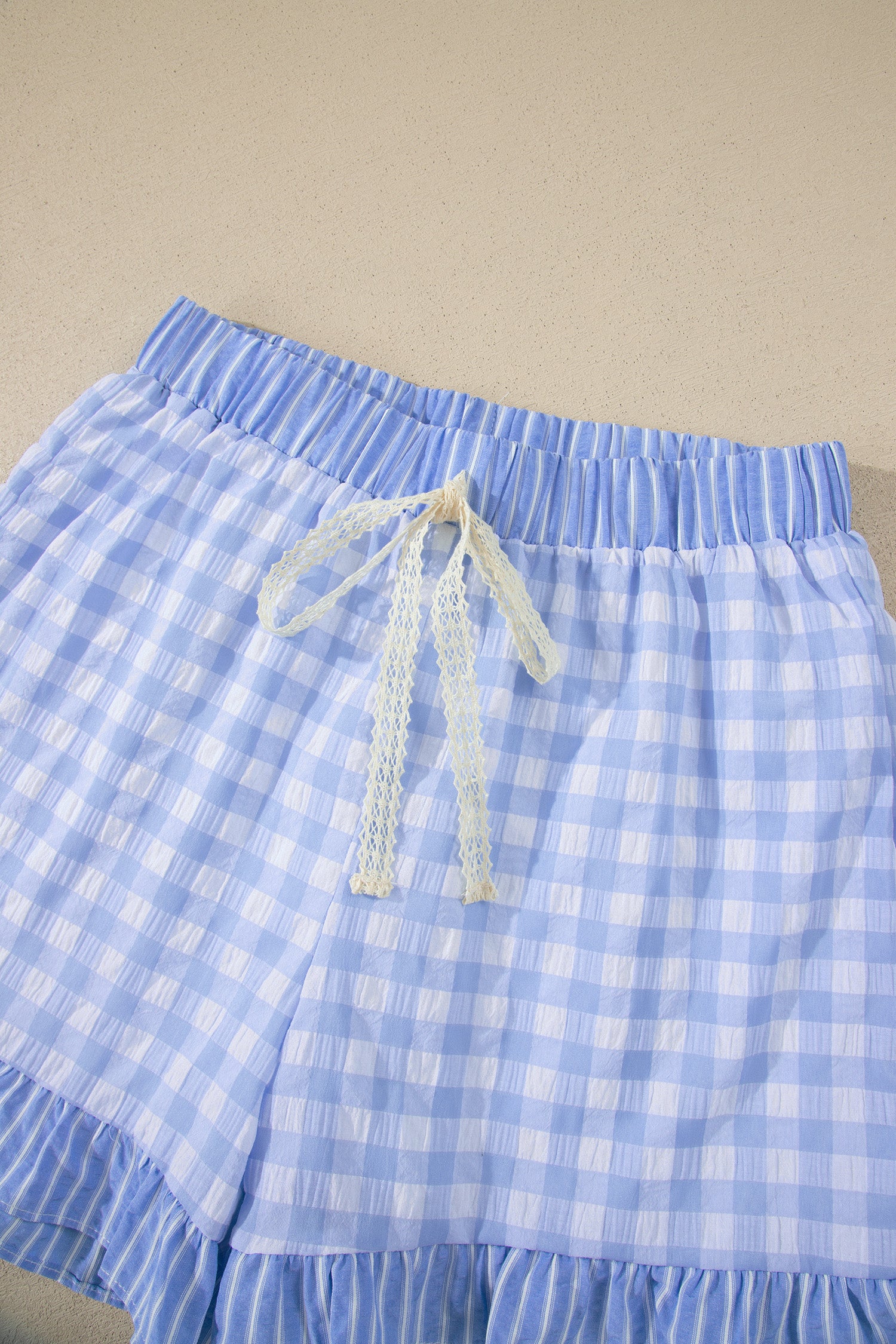 Red Gingham Print Ruffle Striped Detail Lace Tie Shorts