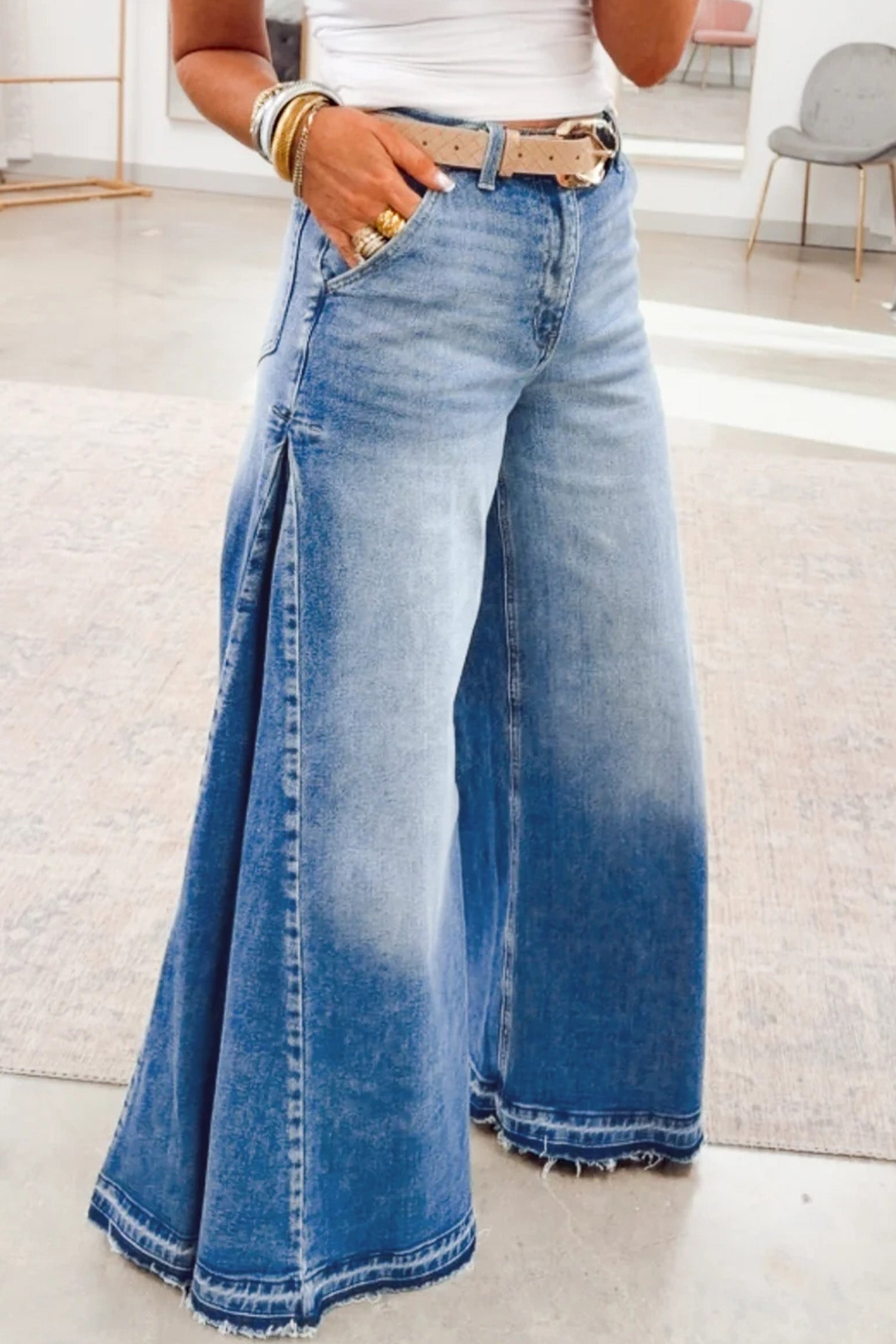 Side Seam Gathering Flare Leg Jeans Casual Daily Full-length Denim Pants