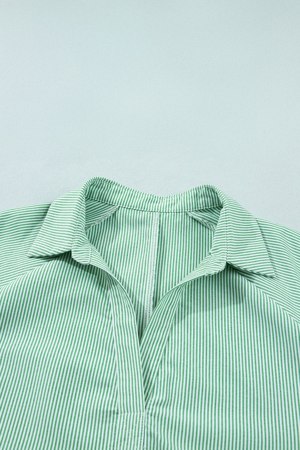 Mint Green Plus Size Striped Print Collar V Neck Short Sleeve Blouse