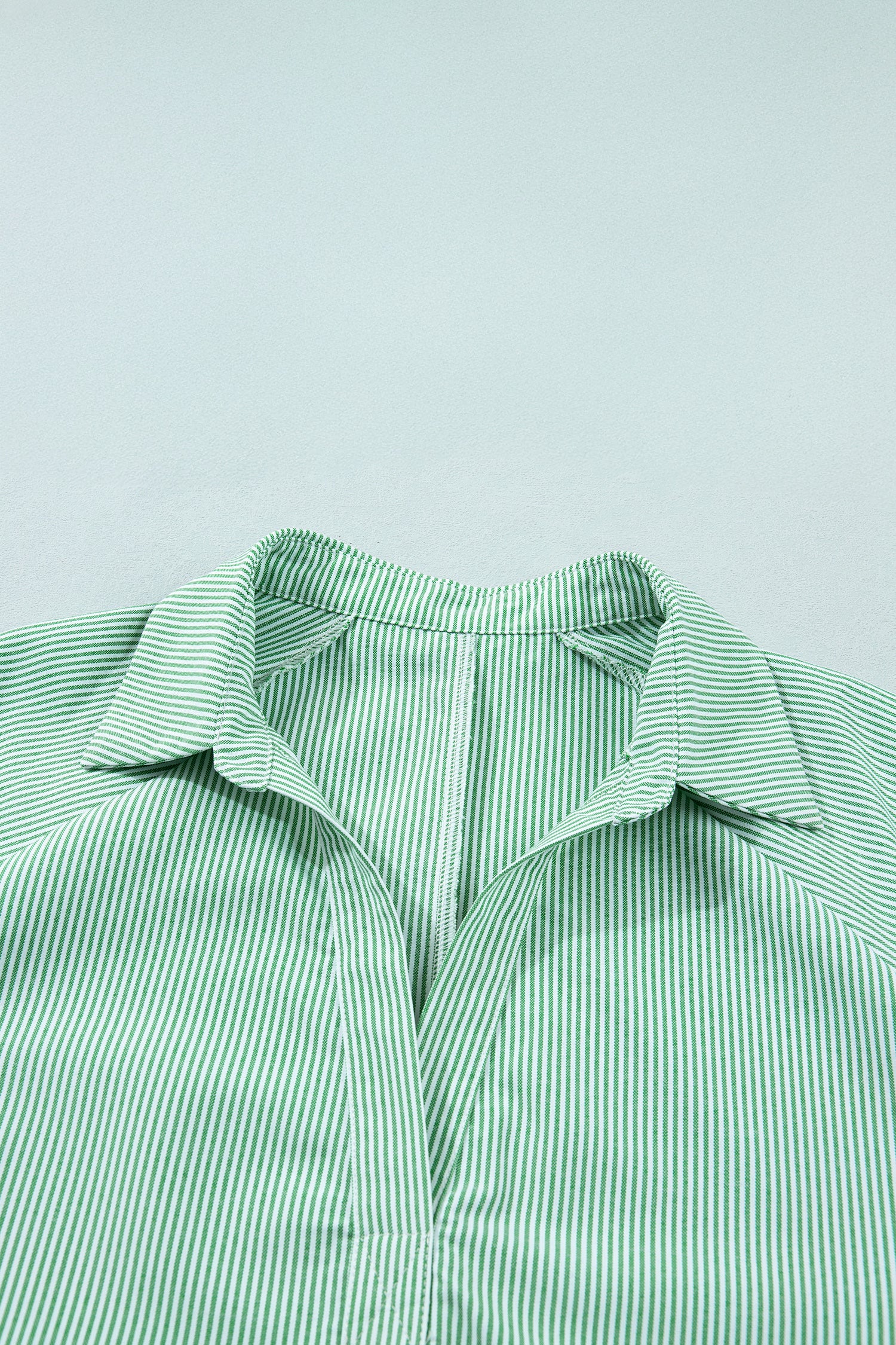 Mint Green Plus Size Striped Print Collar V Neck Short Sleeve Blouse