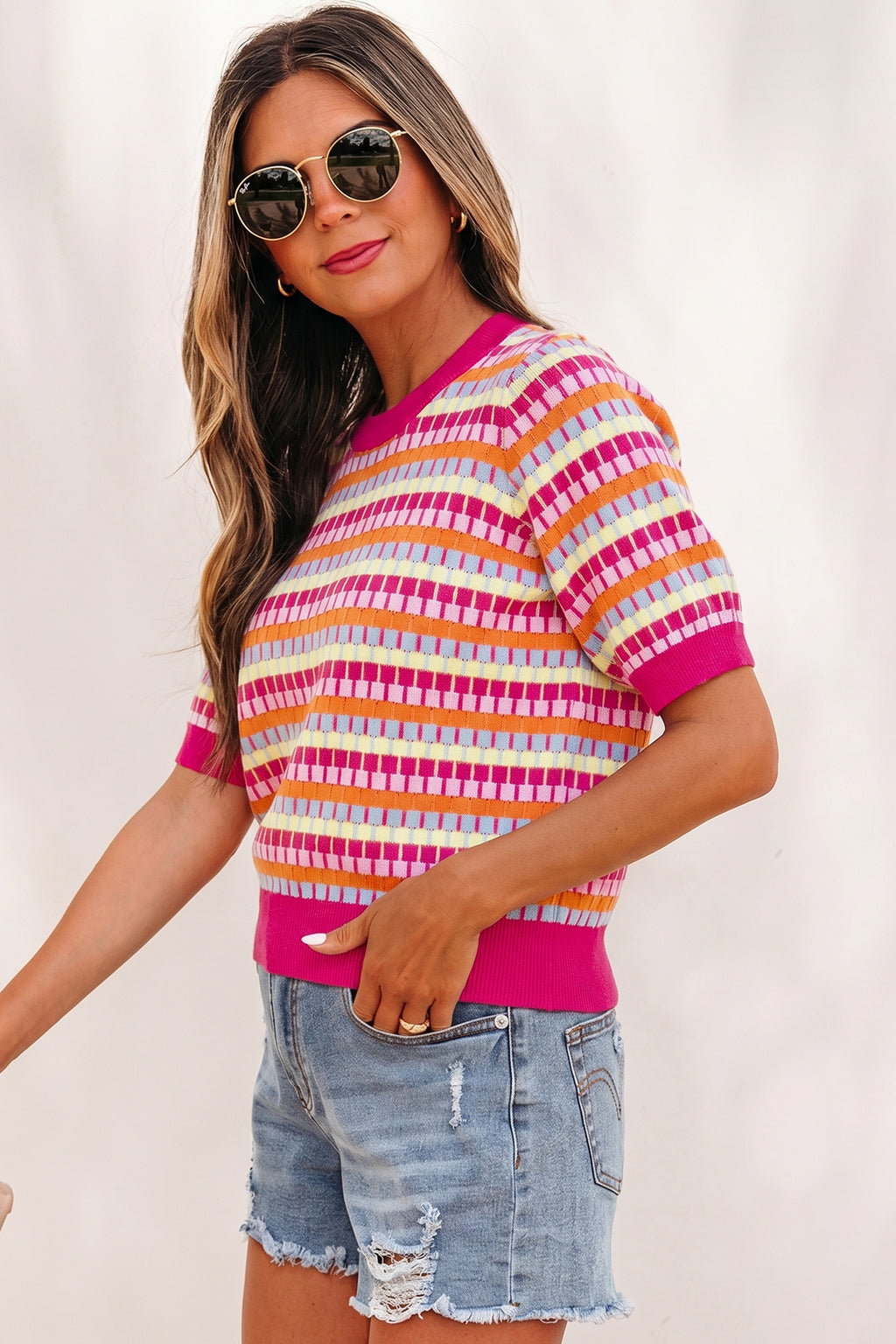 Orange Abstract Striped Knit Short Sleeve Sweater