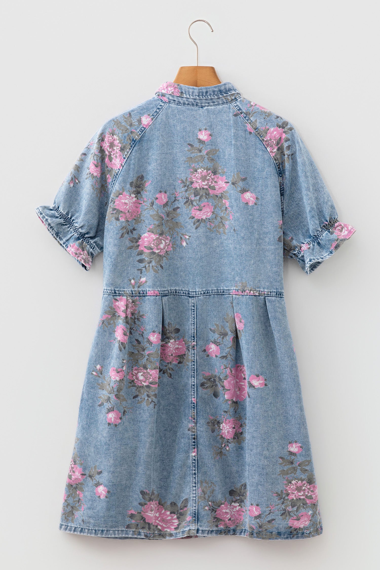 Sky Blue Floral Print Denim Short Sleeve Button Down Dress