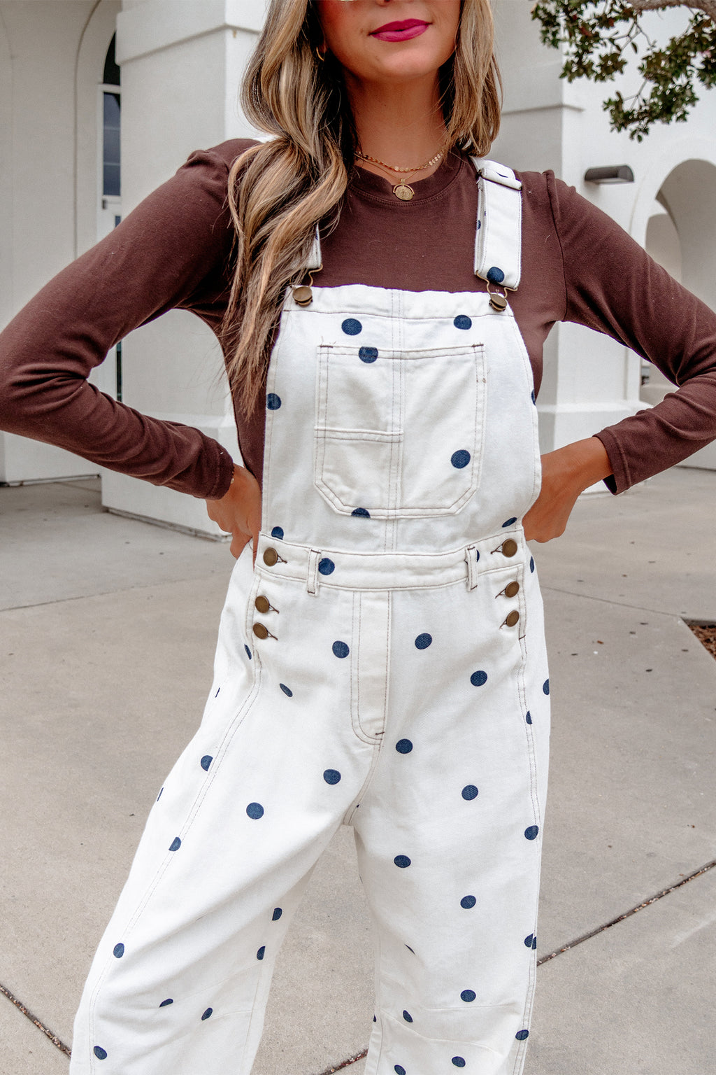 Light French Beige Polka Dot Print Bib Pocket Denim Barrel Overalls Jumpsuit