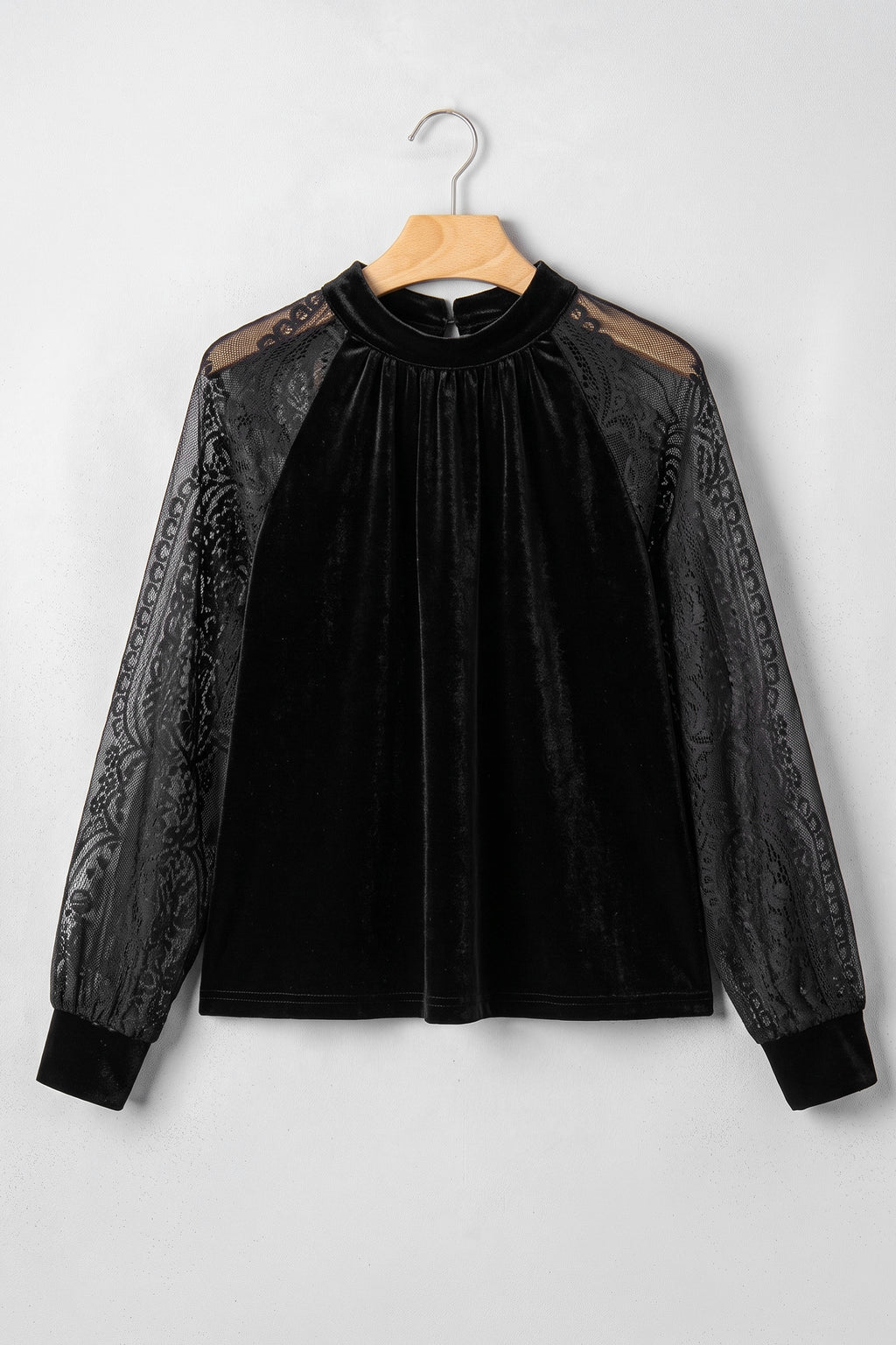 Color Black Solid Color Sheer Lace Long Sleeve Patchwork Stand Neck Velvet Blouse