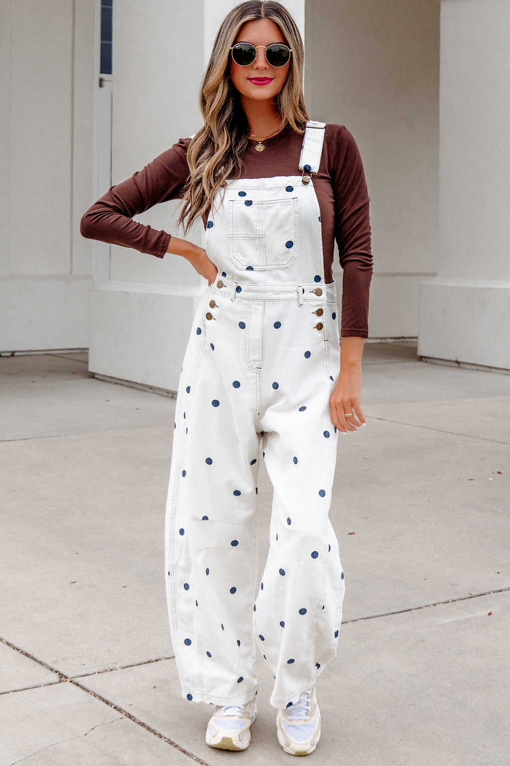 Light French Beige Polka Dot Print Bib Pocket Denim Barrel Overalls Jumpsuit