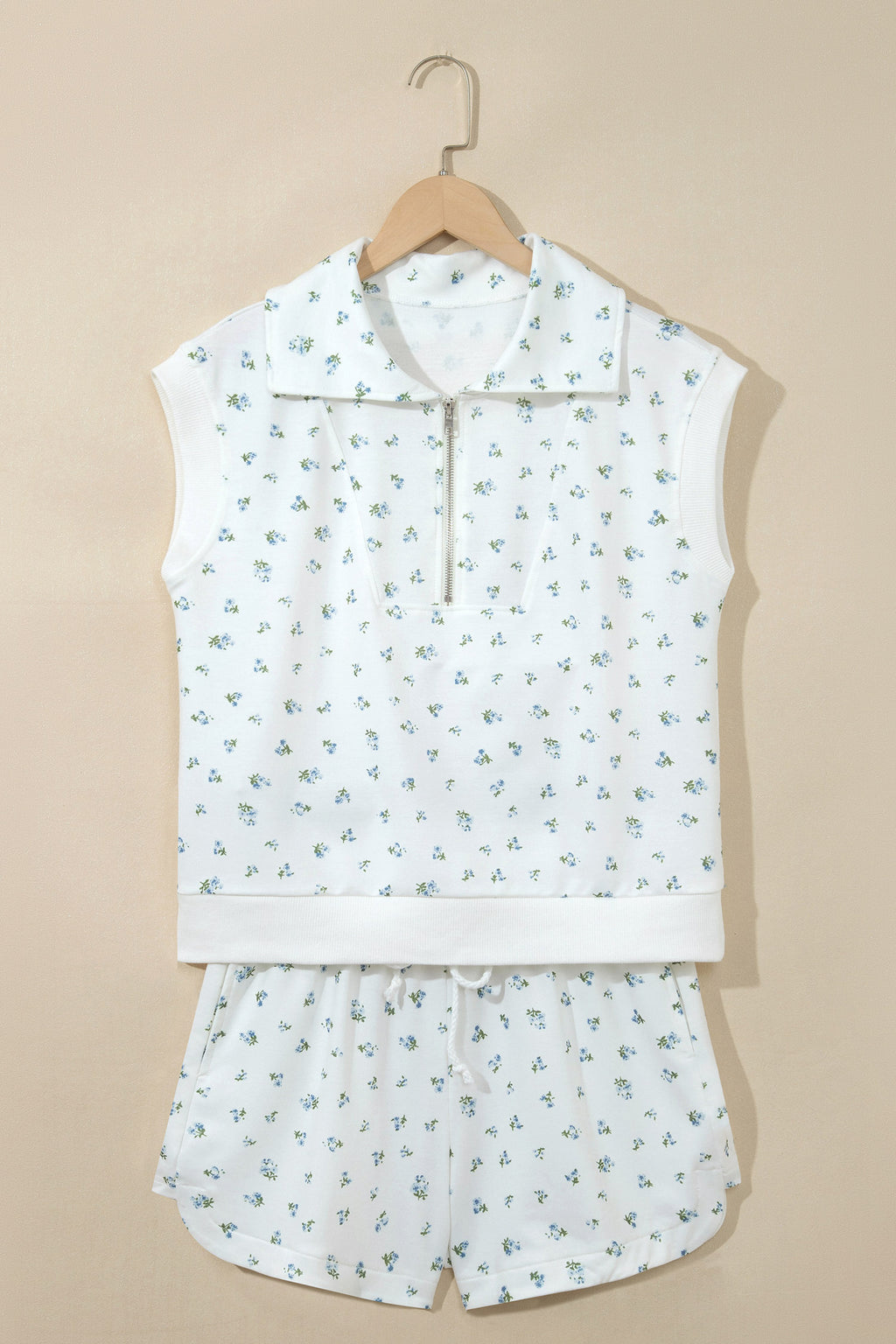 White Floral Print Half Zip Top Matching Short Set