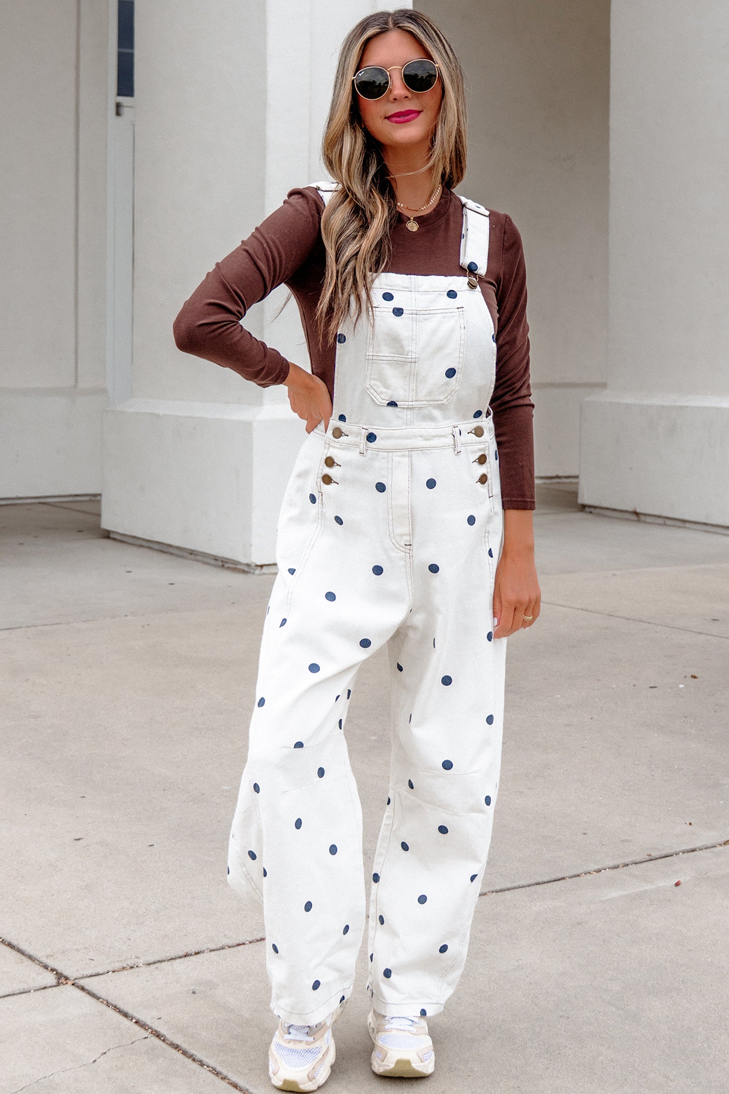 Light French Beige Polka Dot Print Bib Pocket Denim Barrel Overalls Jumpsuit
