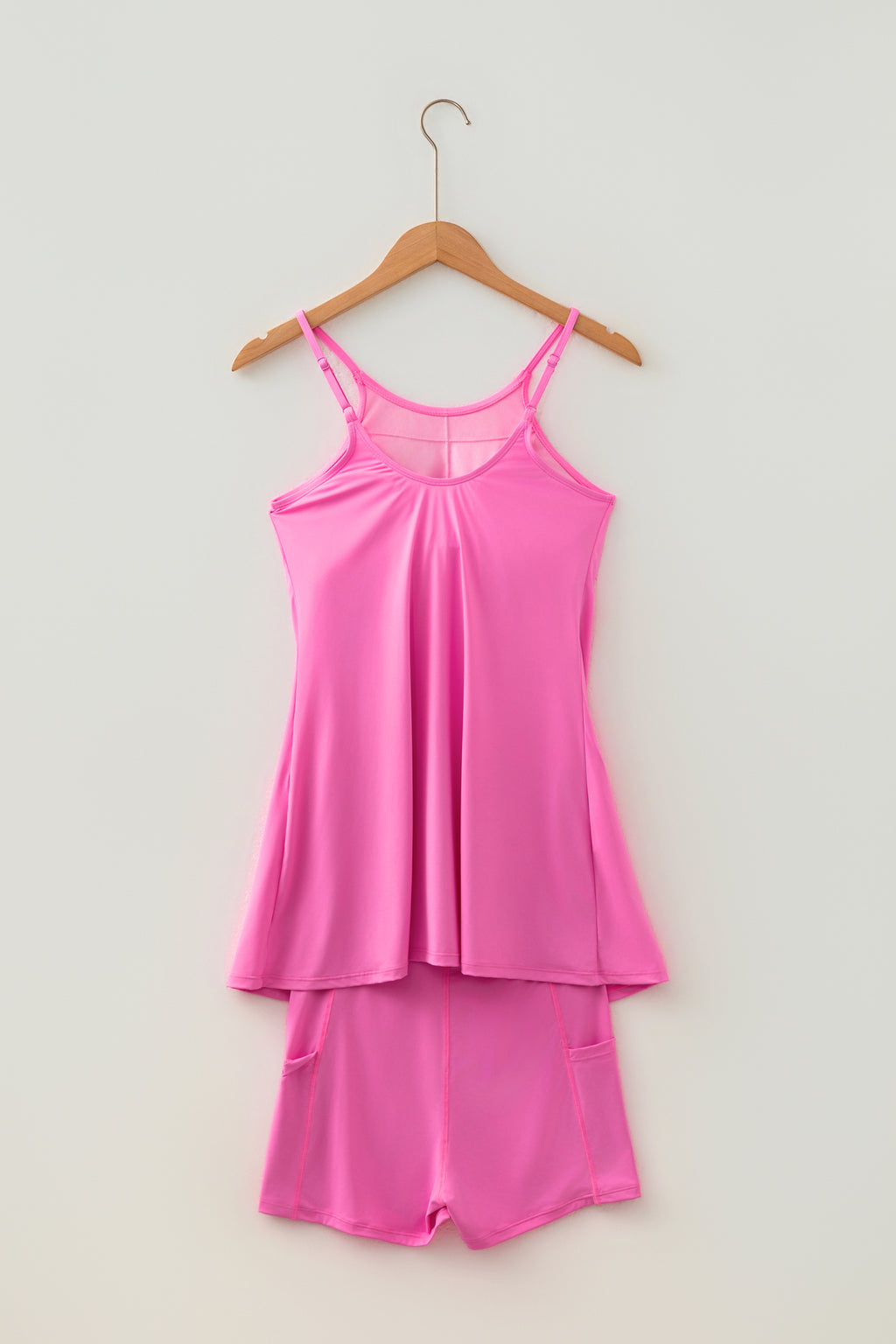 Bright Pink Solid Color Tunic Tank Dress Athletic Shorts Two Piece Set