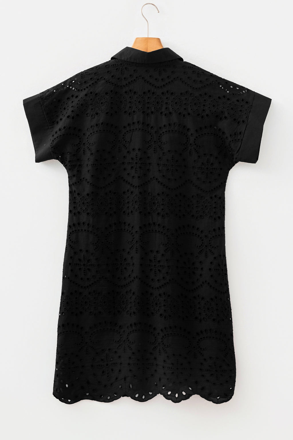 Black Solid Color Eyelet Embroidered T Shirt Mini Dress