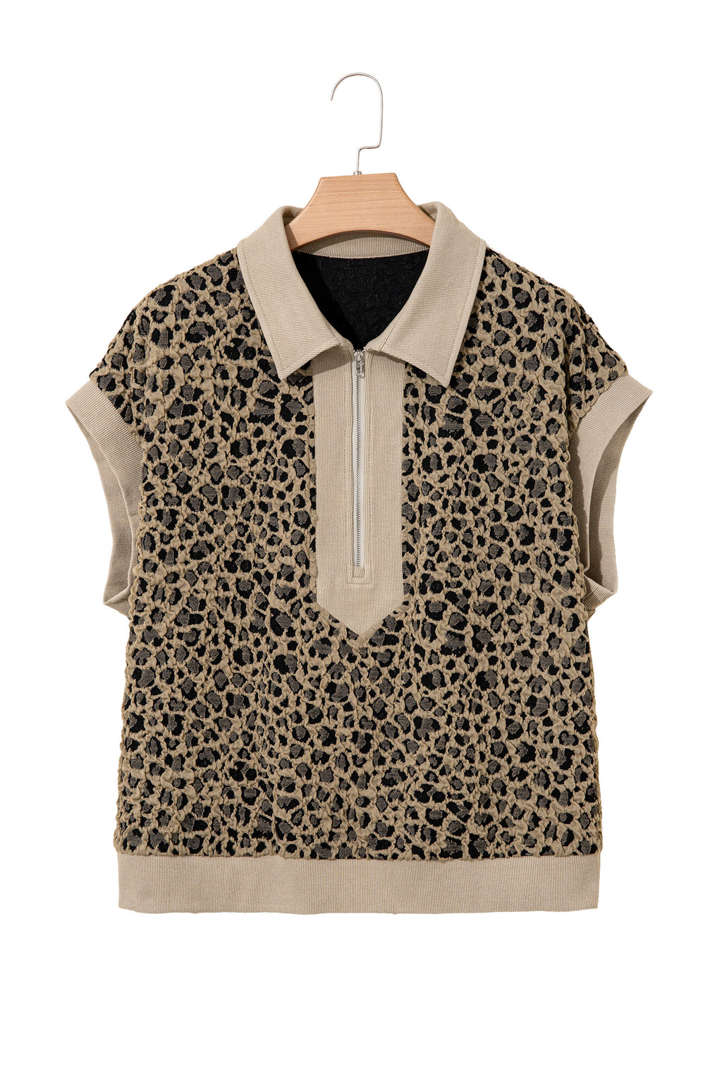 Beige Ribbed Patchwork Collar Cuffed Sleeve Leopard Plus Top