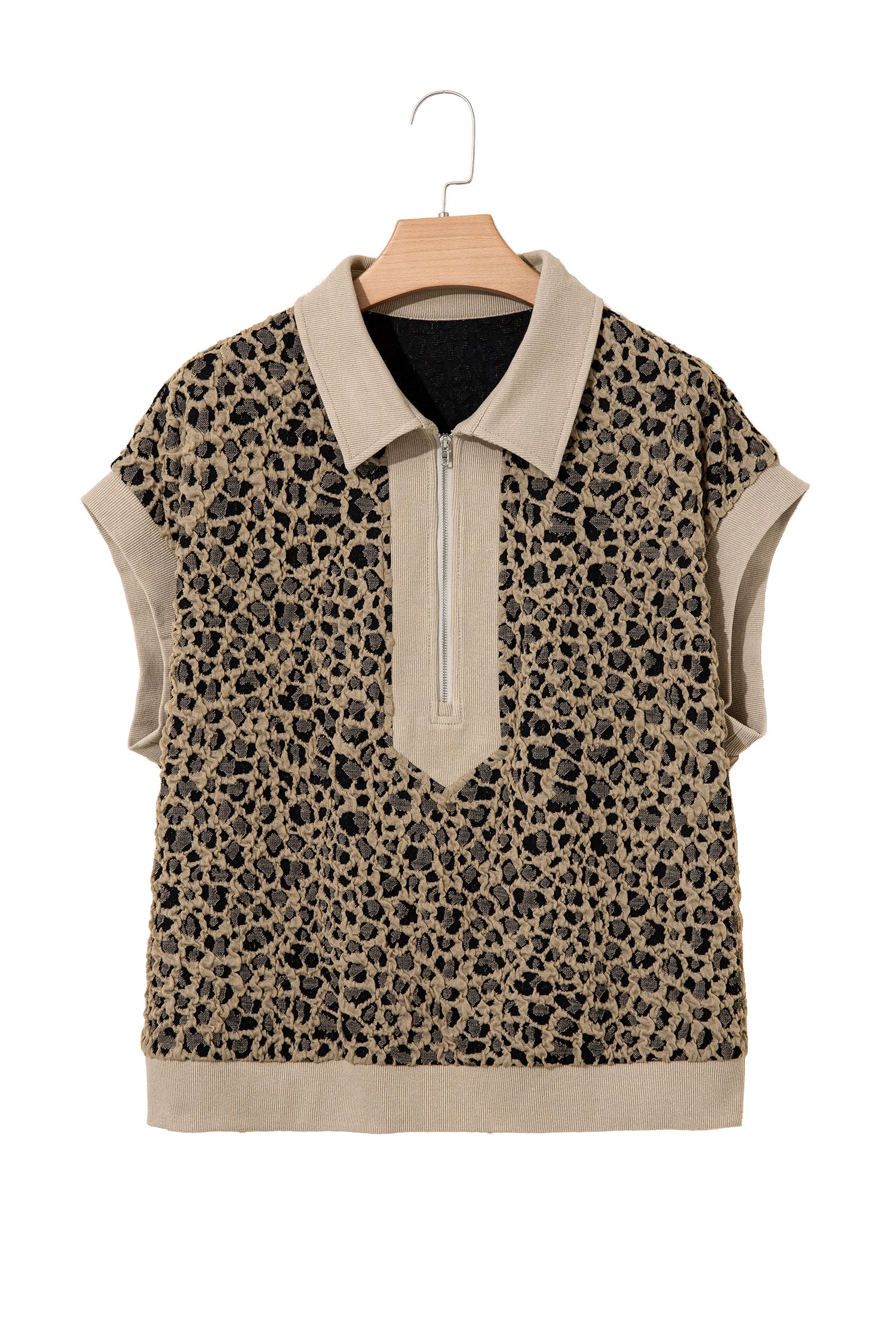 Beige Ribbed Patchwork Collar Cuffed Sleeve Leopard Plus Top