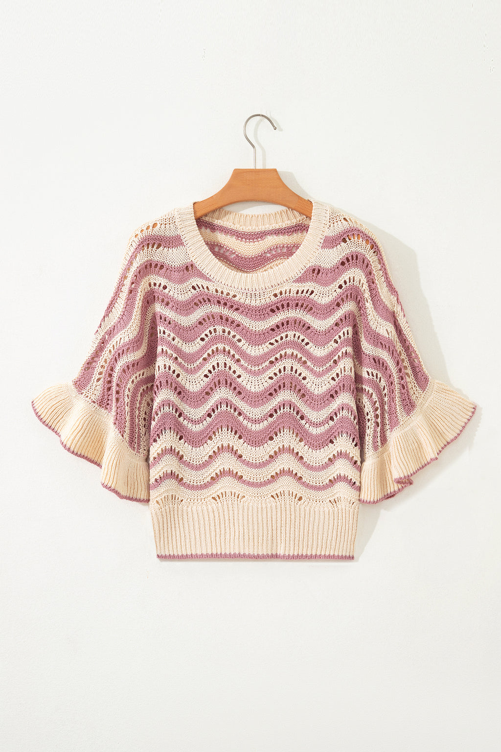 Black Stripe Wavy Crochet Eyelet Detail Ruffle Half Sleeve Sweater