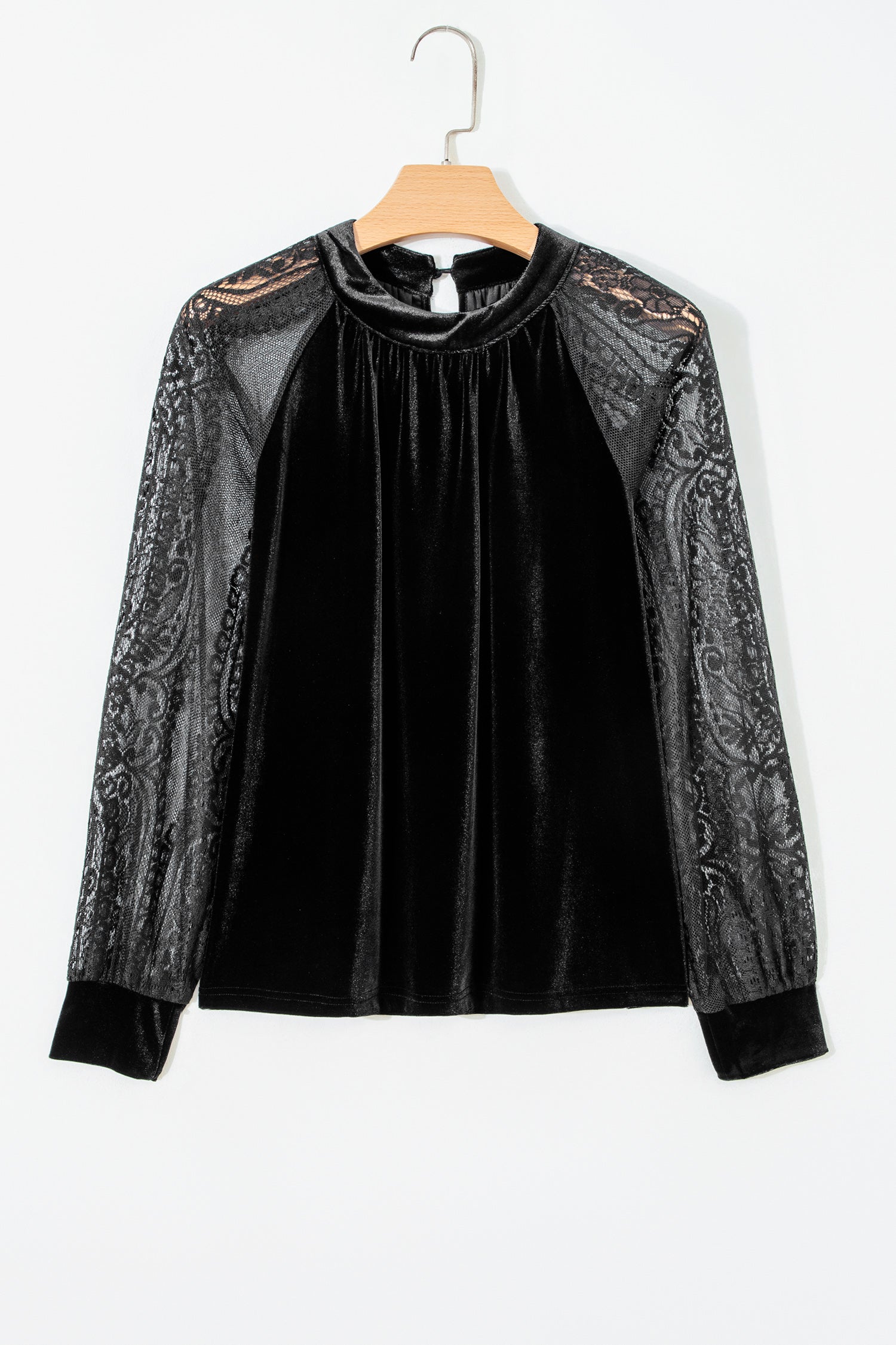 Color Black Solid Color Sheer Lace Long Sleeve Patchwork Stand Neck Velvet Blouse