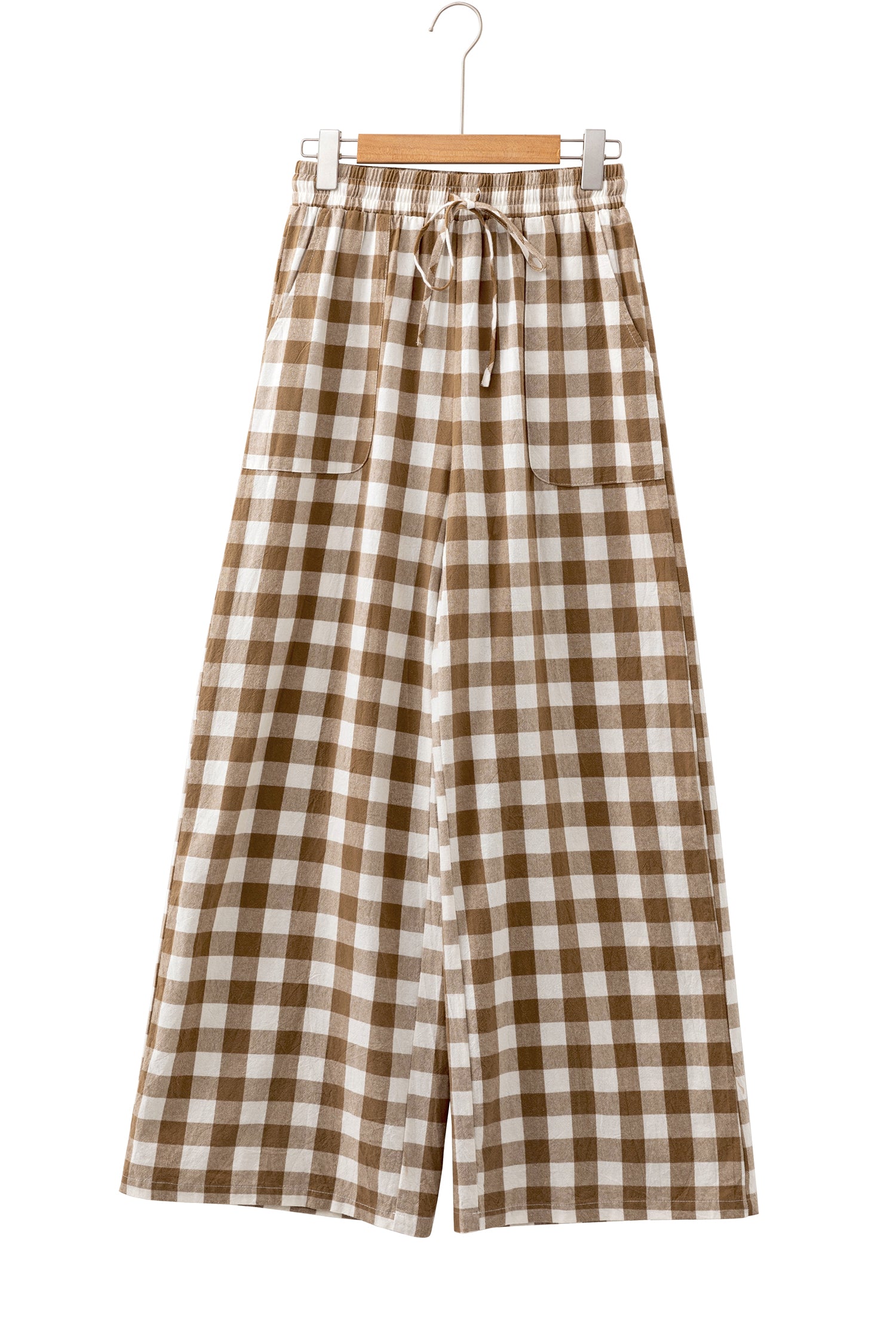 Brown Gingham Plaid Tie Elastic Waist Shift Pants