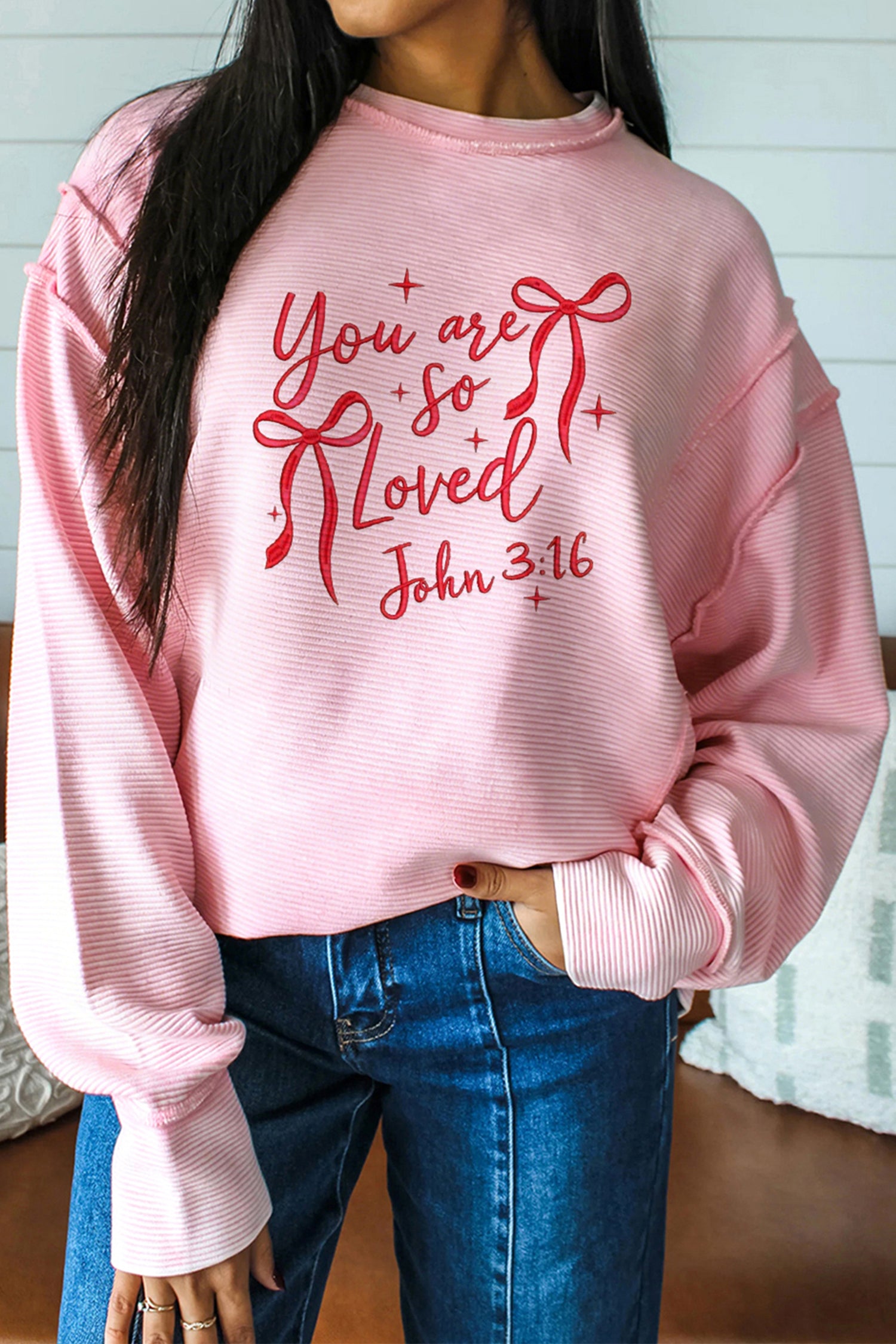 Pink you are so loved Bow Embroidered Graphic Pullover Top