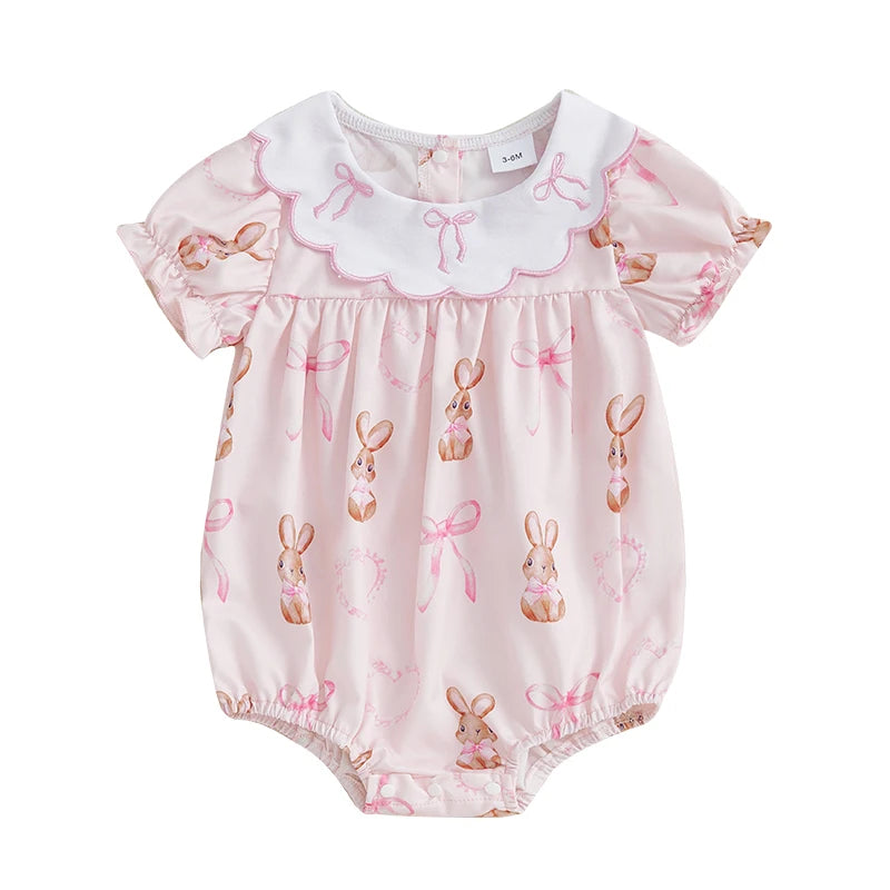 0-18M Newborn Baby Girl Easter Outfit Peter Pan Bow Bunny Embroidery Short Sleeve Romper Smocked Bodysuit Summer Clothes