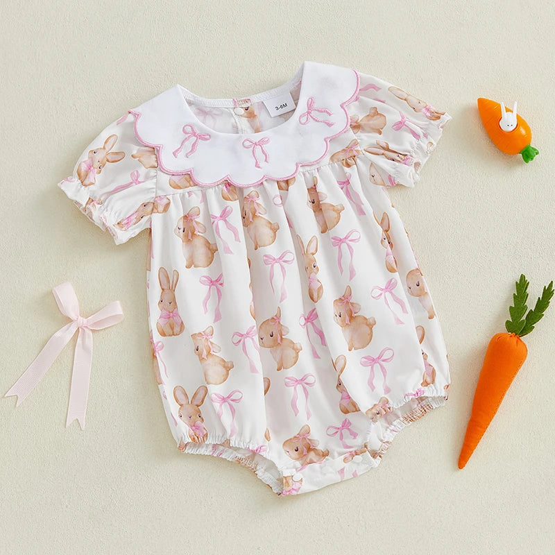 0-18M Newborn Baby Girl Easter Outfit Peter Pan Bow Bunny Embroidery Short Sleeve Romper Smocked Bodysuit Summer Clothes