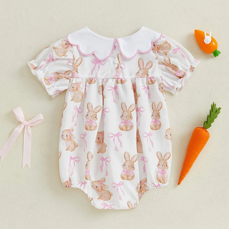 0-18M Newborn Baby Girl Easter Outfit Peter Pan Bow Bunny Embroidery Short Sleeve Romper Smocked Bodysuit Summer Clothes