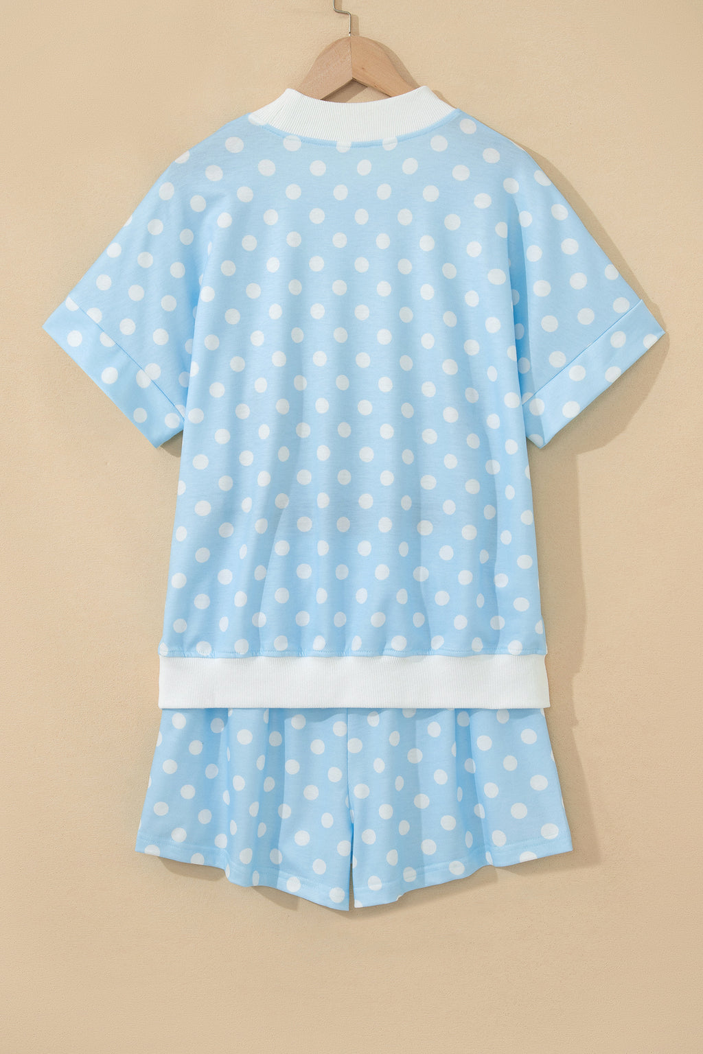 Sky Blue Polka Dot Print Color Block Trim Mock Neck Short Set