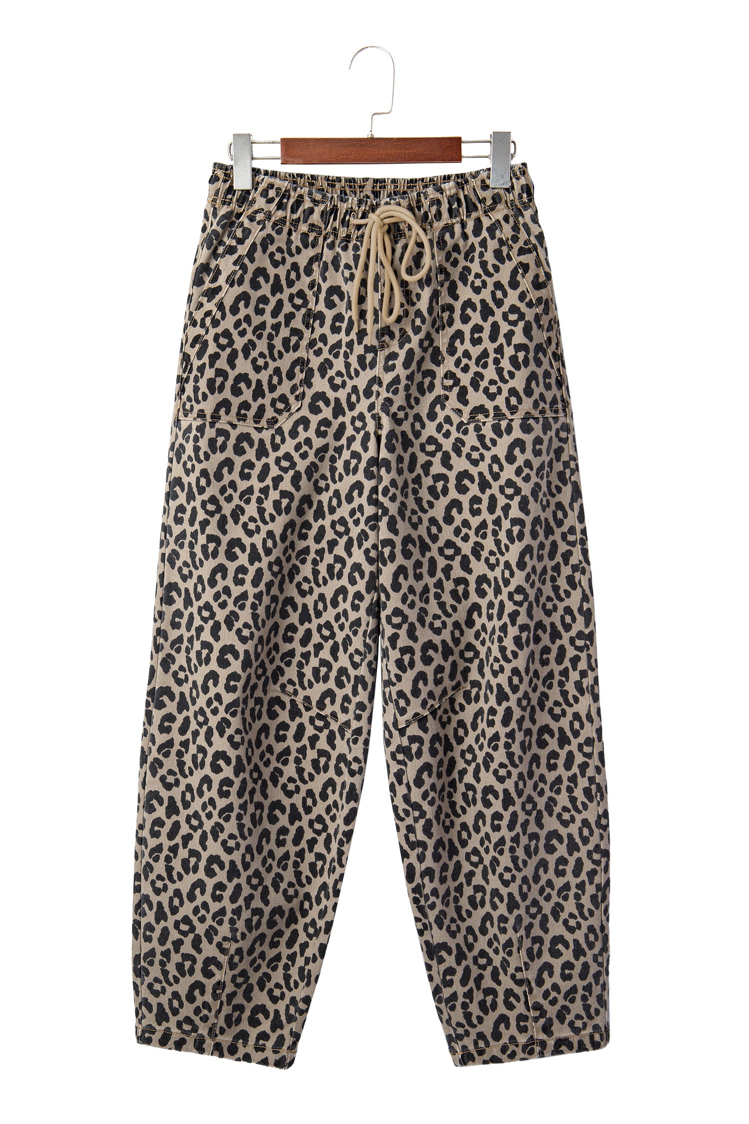 Khaki Leopard Print Drawstring Elastic Waist Loose Denim Pants with Pockets