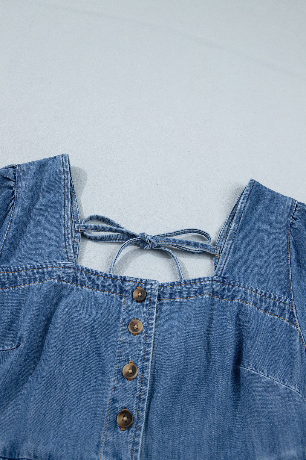 Prussian Blue Button Square Neck Short Puff Sleeve Denim Mini Dress