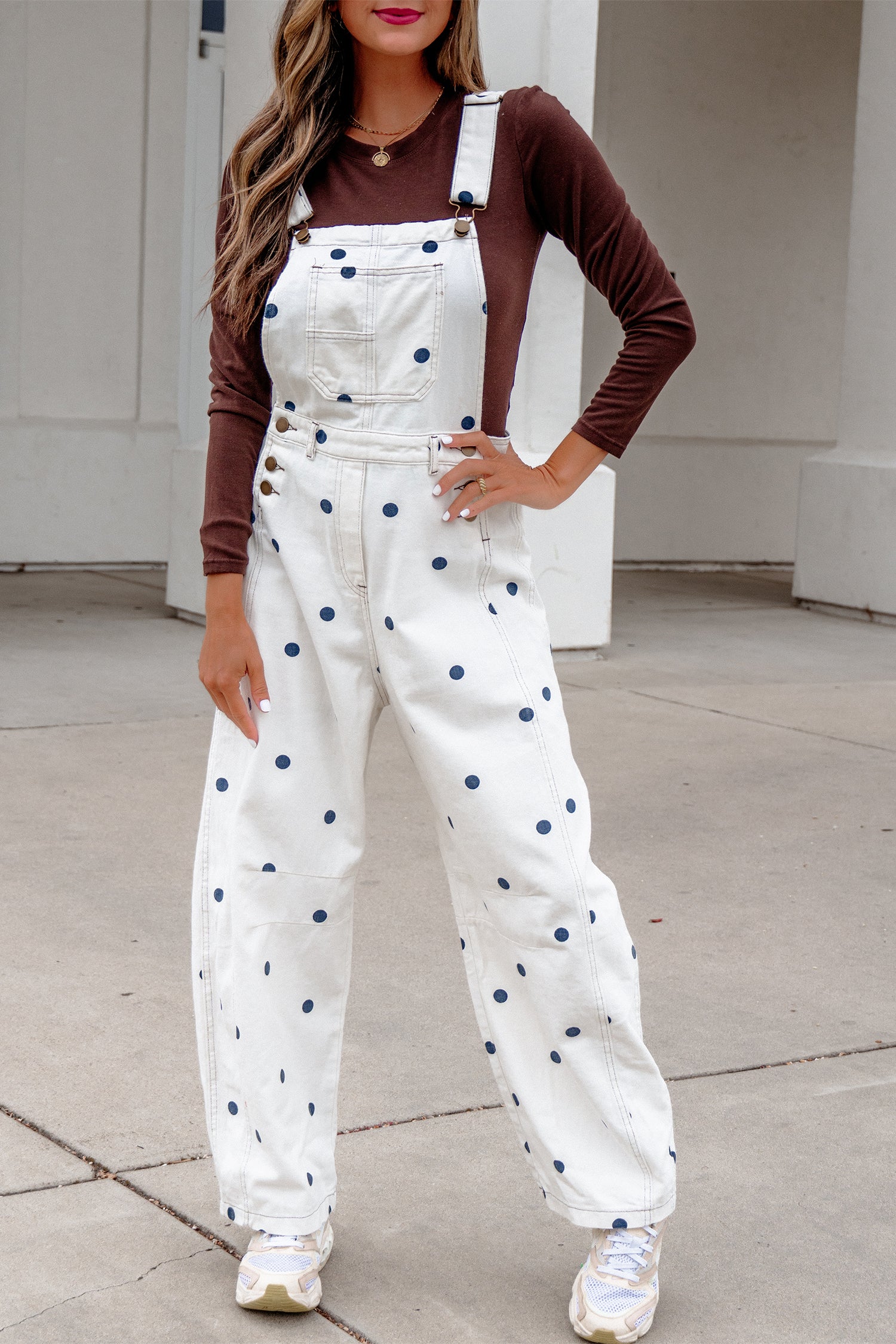 Light French Beige Polka Dot Print Bib Pocket Denim Barrel Overalls Jumpsuit