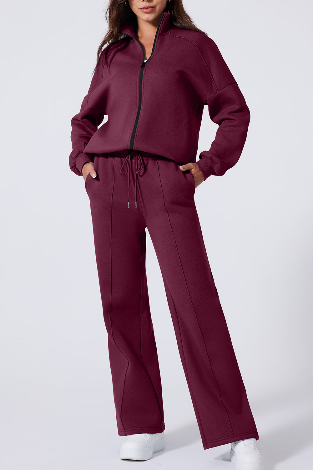 Clearly Aqua Drop Shoulder Zip Up Jacket Drawstring Pants Active 2pcs Set