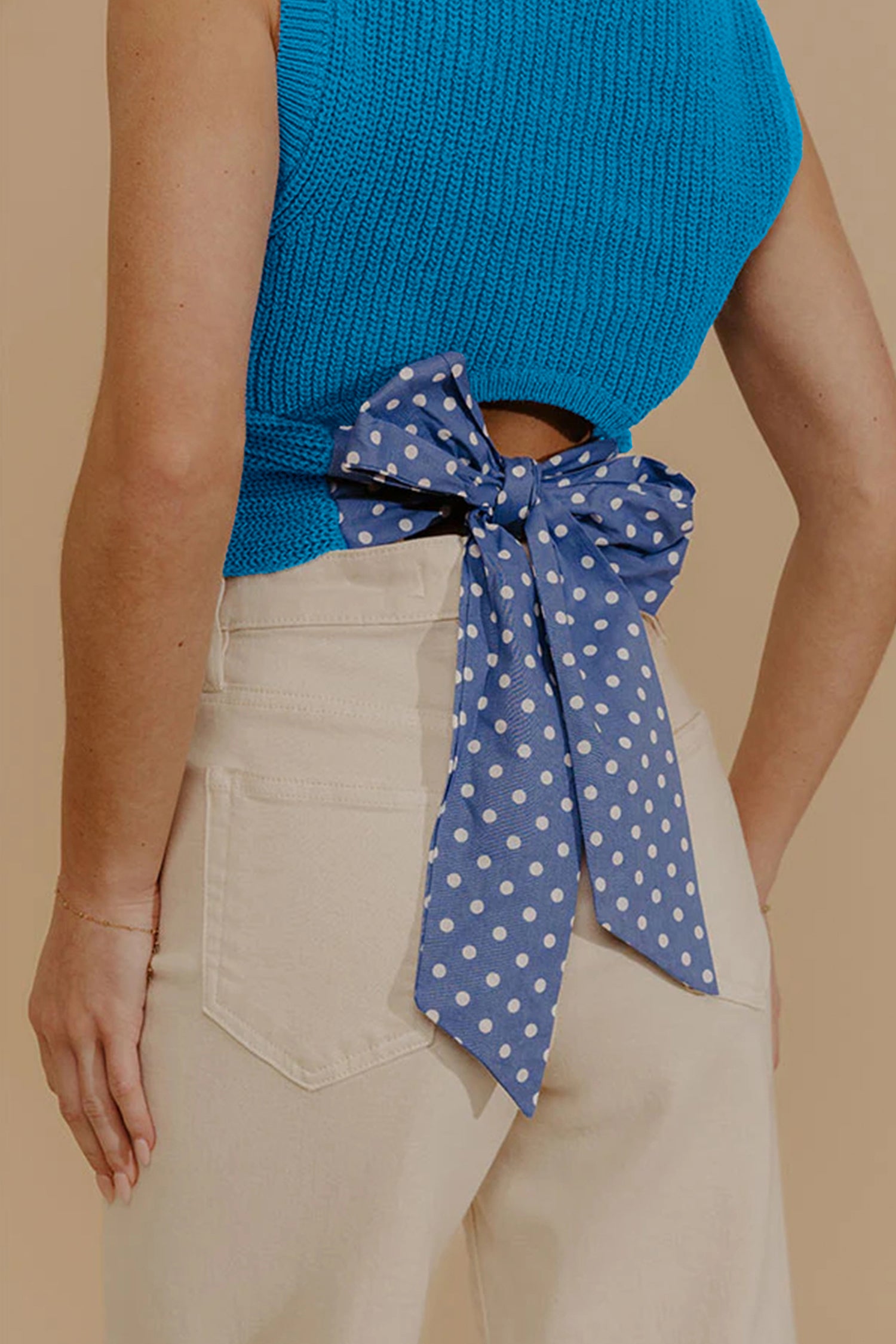 Slim Knit Polka Dot Knot Back Cropped Sweater Tank