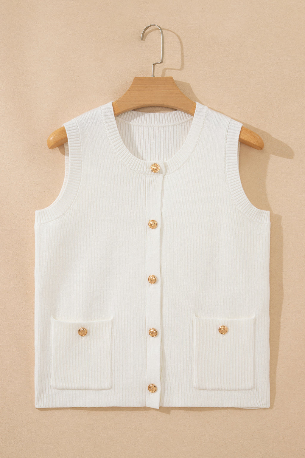 Yellow Cream Solid Color Sleeveless Knit Button Pocketed Sweater