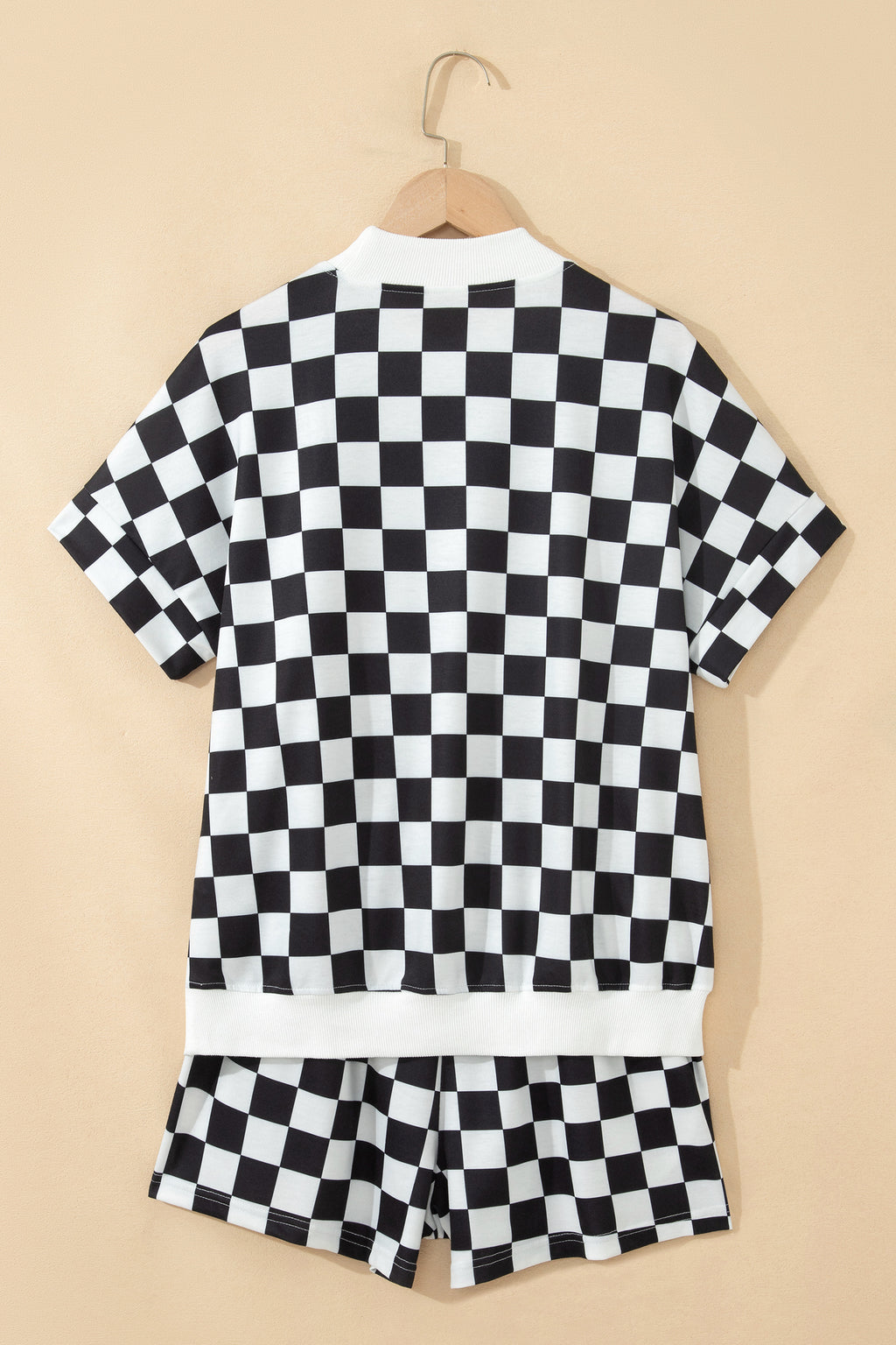 Pink Checkered Print Color Block Trim Mock Neck Short Set