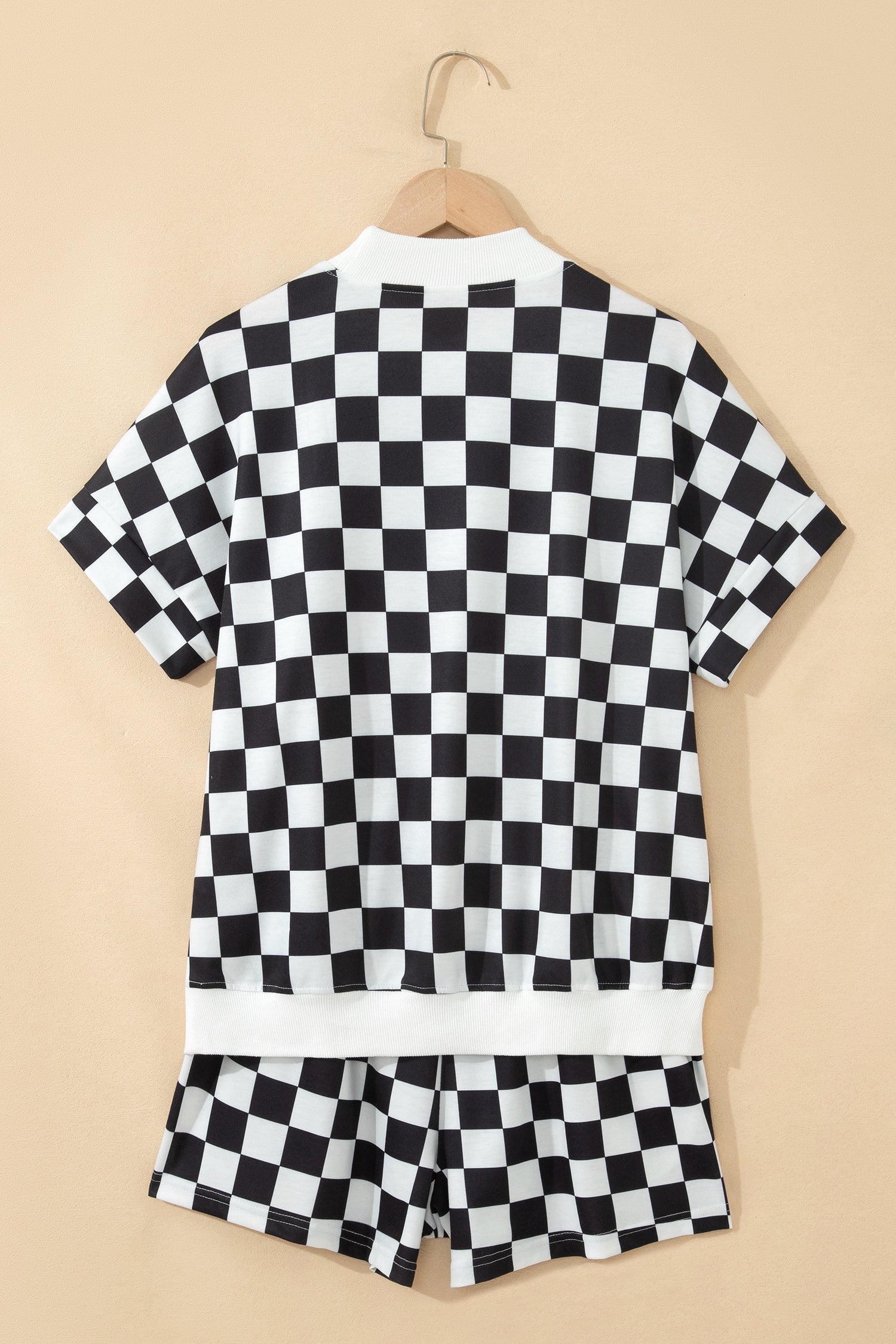 Pink Checkered Print Color Block Trim Mock Neck Short Set