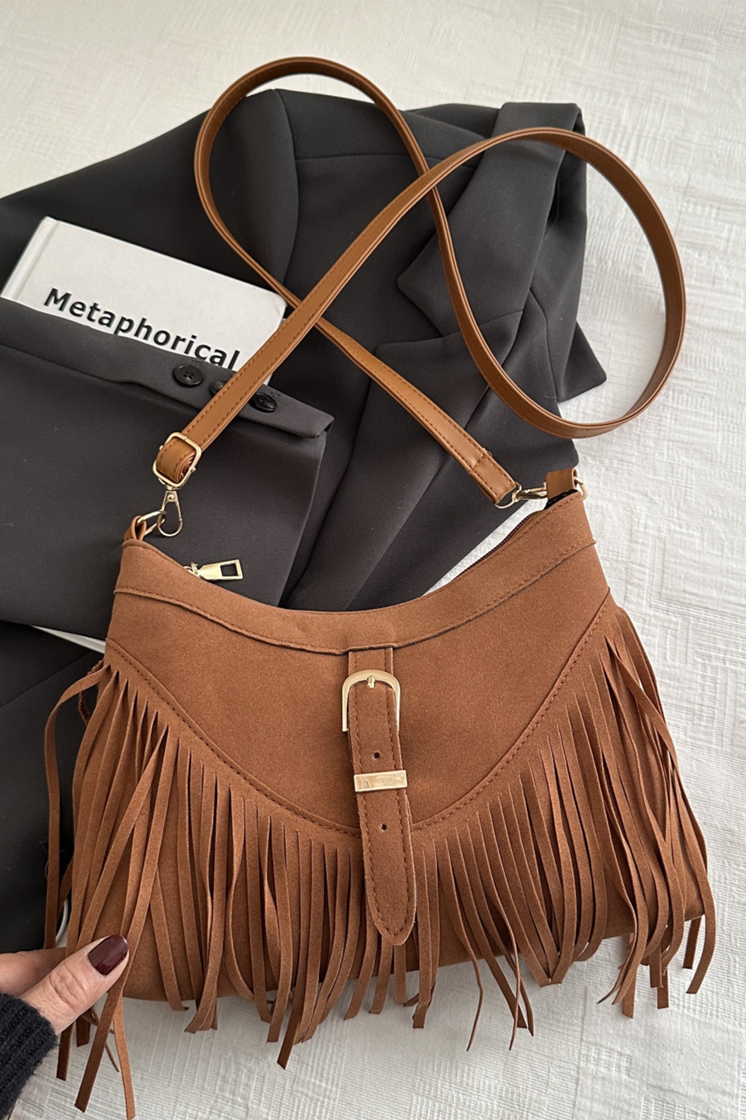 Coffee Faux Suede Boho Fringe Hobo Shoulder Bag