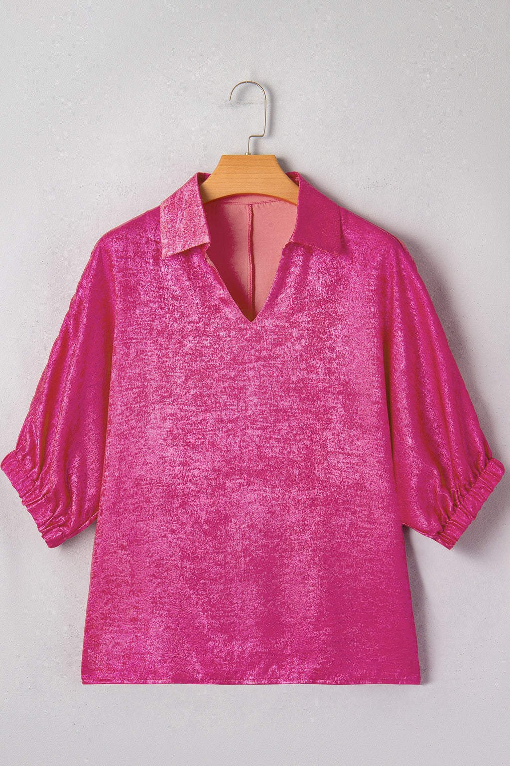 Myosotis Collared V Neck Half Sleeve Metallic Top