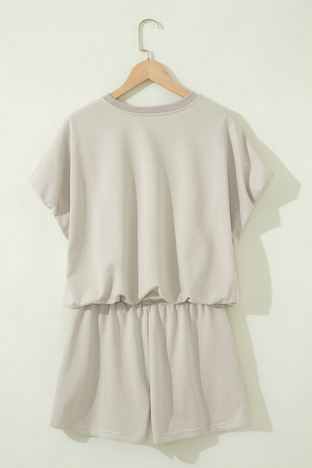 Smoke Gray Solid Color Puffy Loose Top Drawstring Shorts 2pcs Outfit