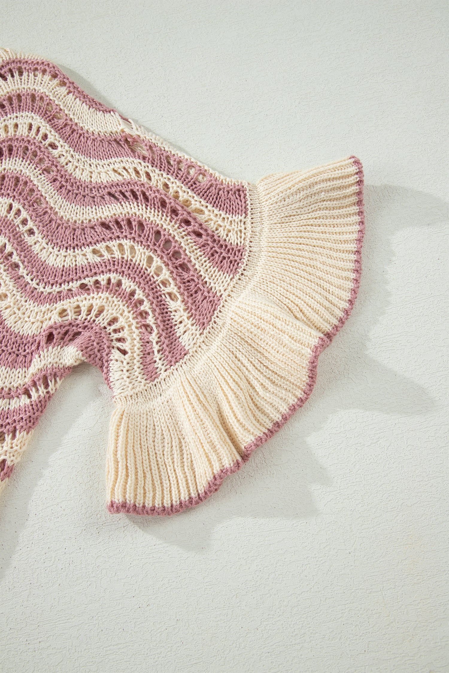 Black Stripe Wavy Crochet Eyelet Detail Ruffle Half Sleeve Sweater