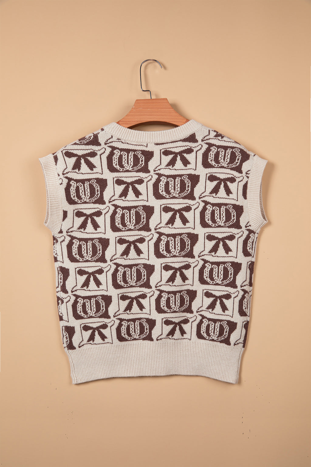 Brown Western Horseshoe Bow Pattern Button Front Sleeveless Knit Sweater