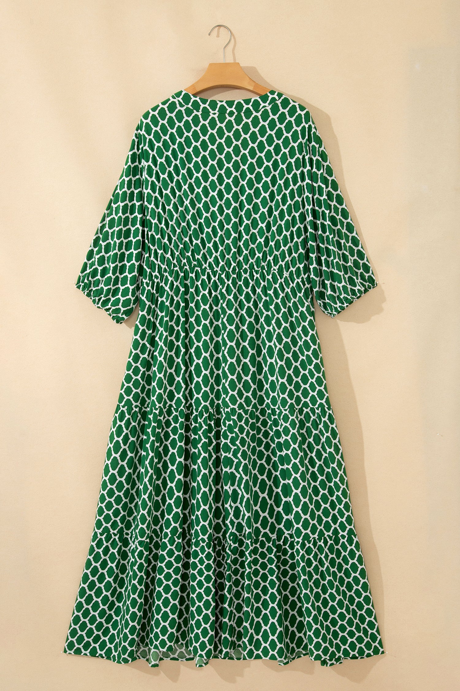 Green Plus Size Geometric Print Pocketed Ruffle Hem Casual Dress