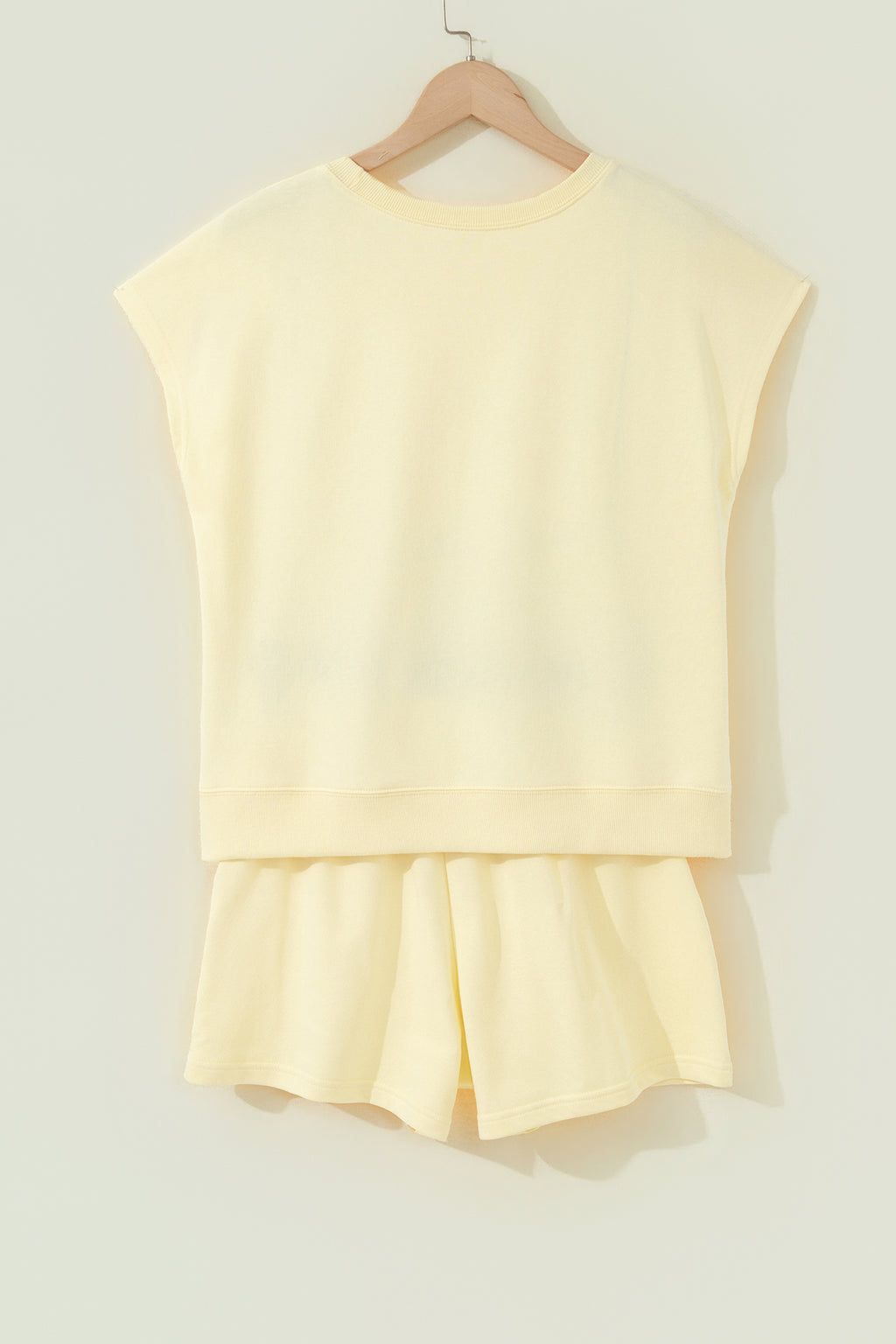 Yellow Cream Solid Color Tee Drawstring Shorts Comfy 2pcs Set