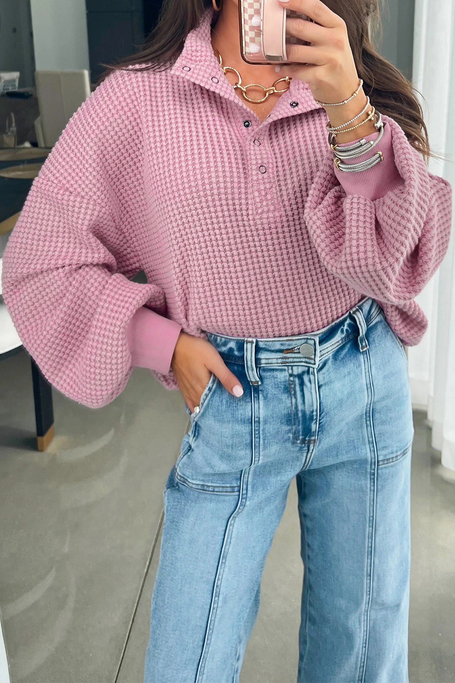 Casual Solid Color Textured Snap Button Collared Baggy Top