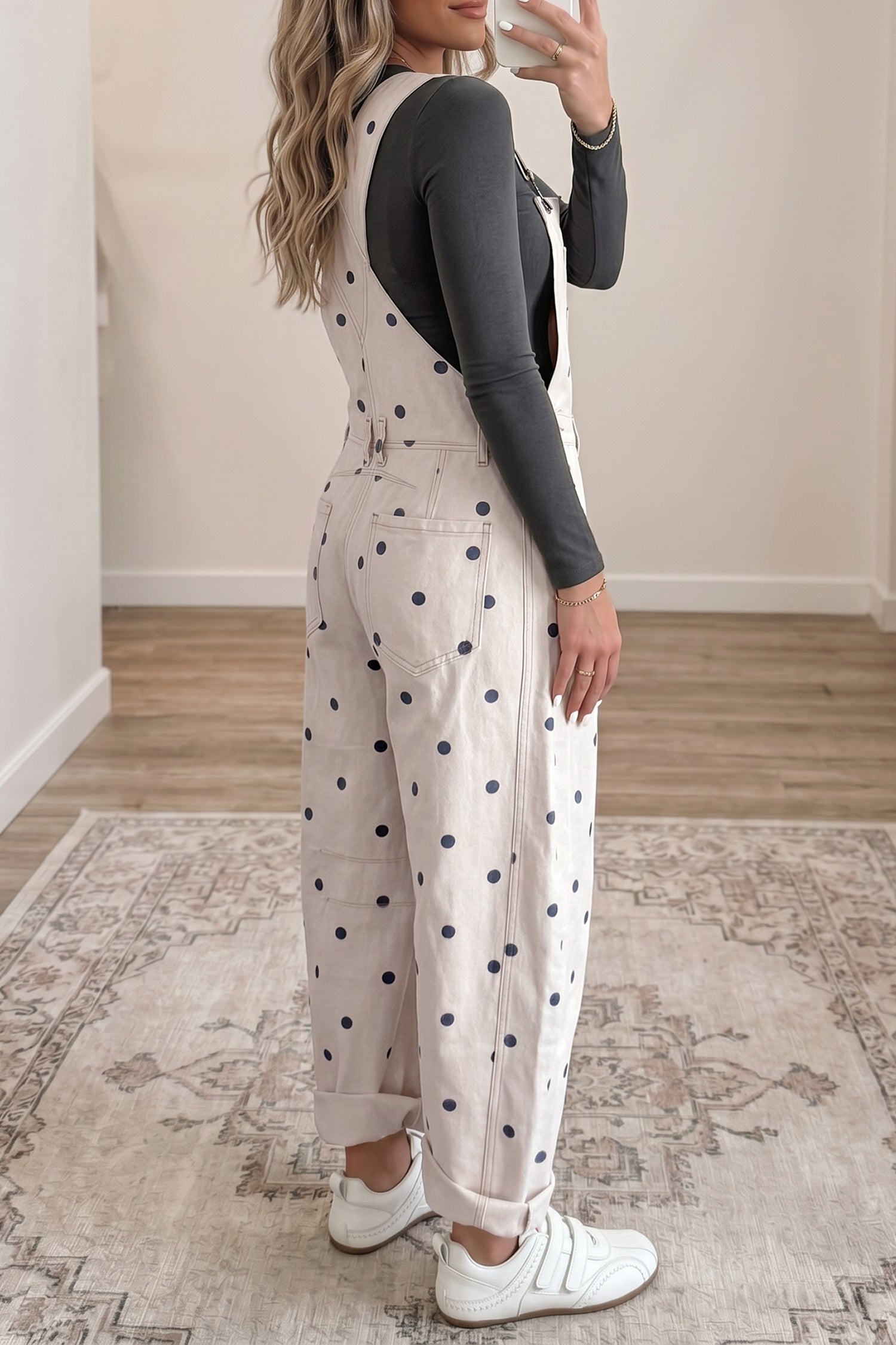 Light French Beige Polka Dot Print Bib Pocket Denim Barrel Overalls Jumpsuit