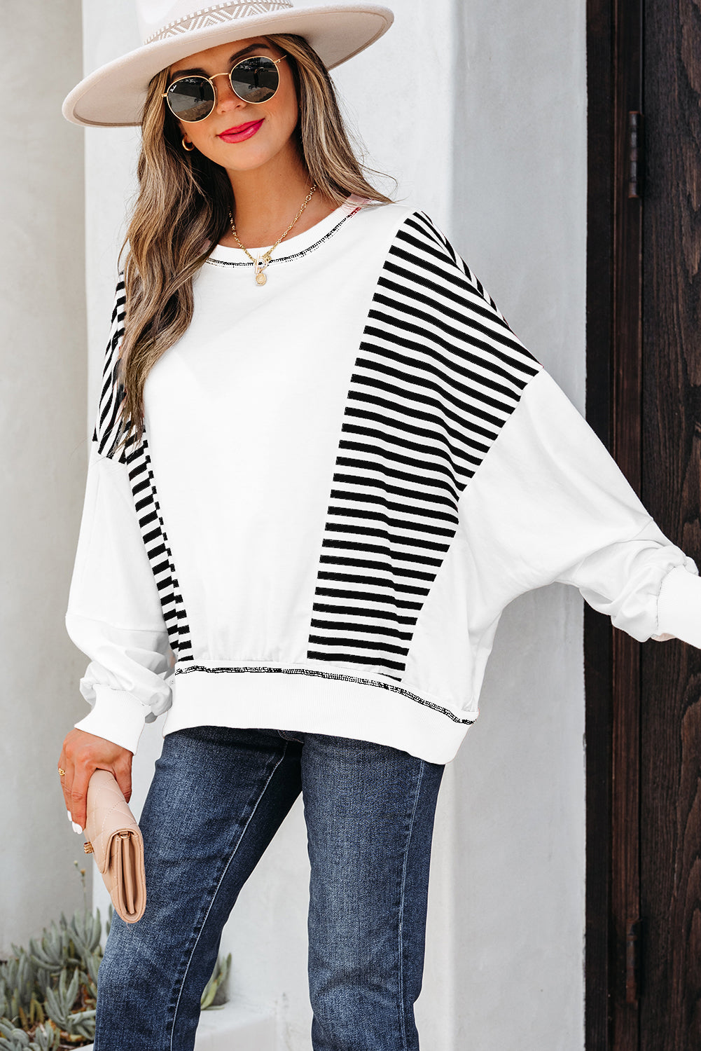 Brown Stripe Colorblock Patchwork Contrast Stitching Oversize Sweatshirt
