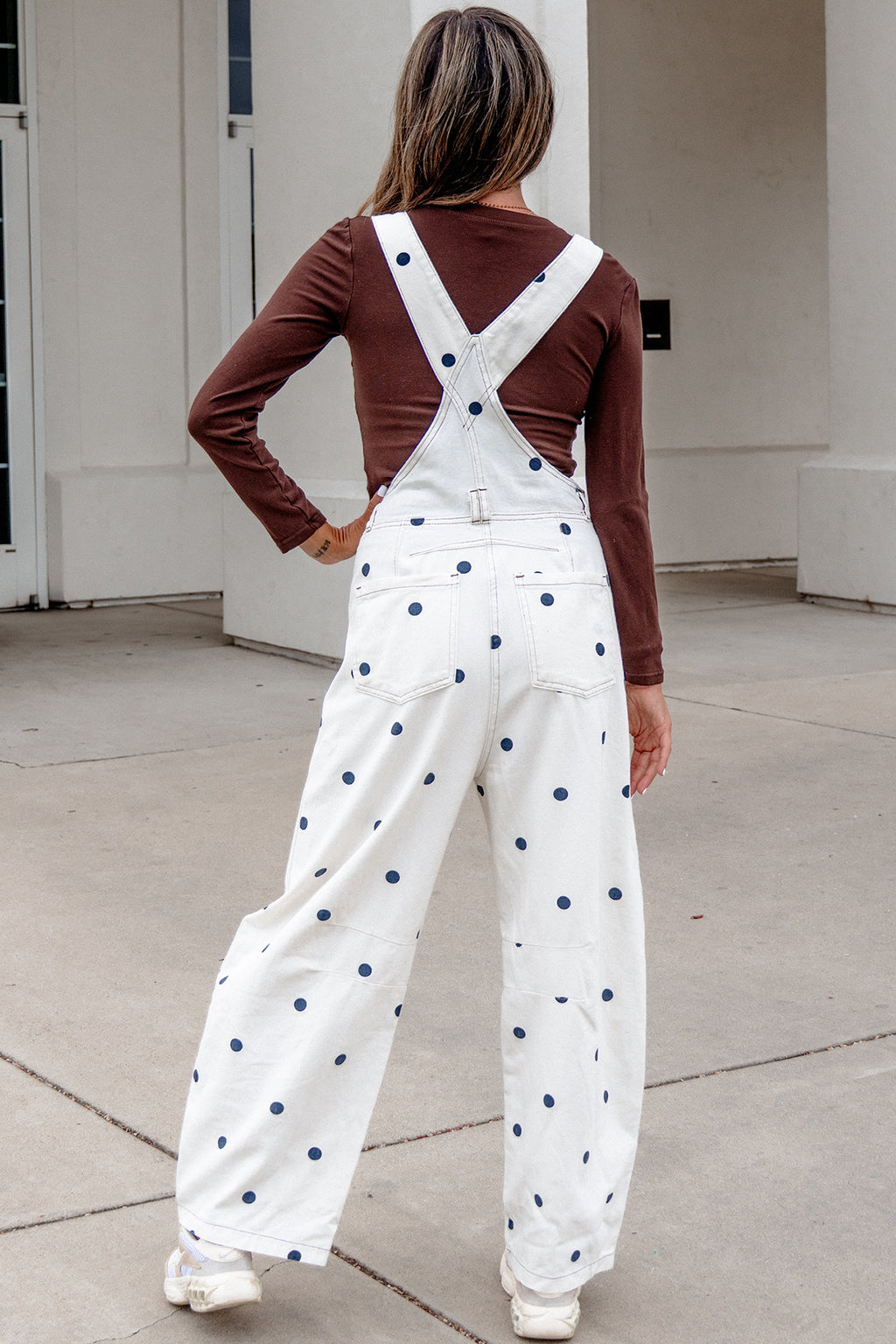 Light French Beige Polka Dot Print Bib Pocket Denim Barrel Overalls Jumpsuit