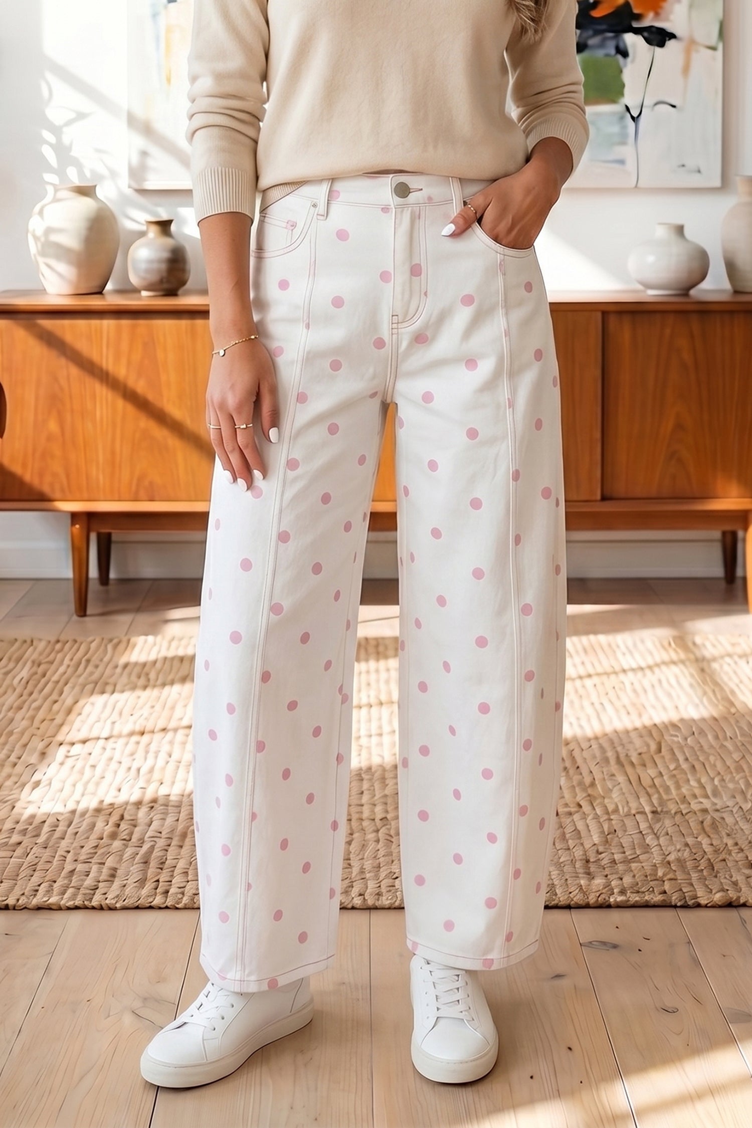 Blue Polka Dot Print Seam Detail Barrel Jeans