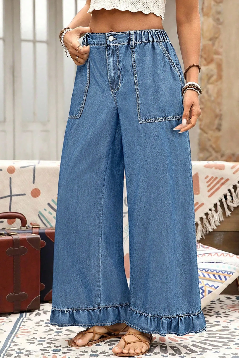 Dirty blue Plus Size Elastic Waist Ruffled Wide Leg Denim Pants