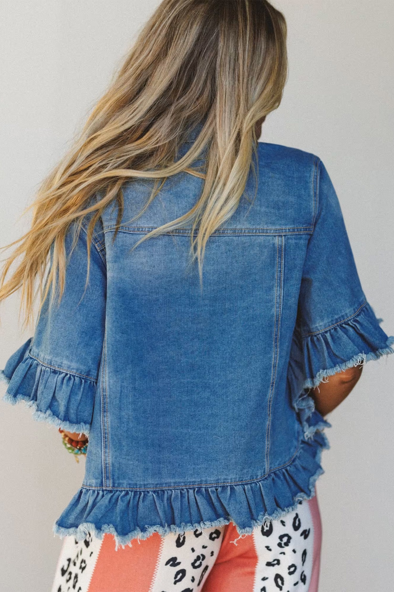 Blue Ruffle Hem Raw Edge Half Sleeve Western Denim Jacket