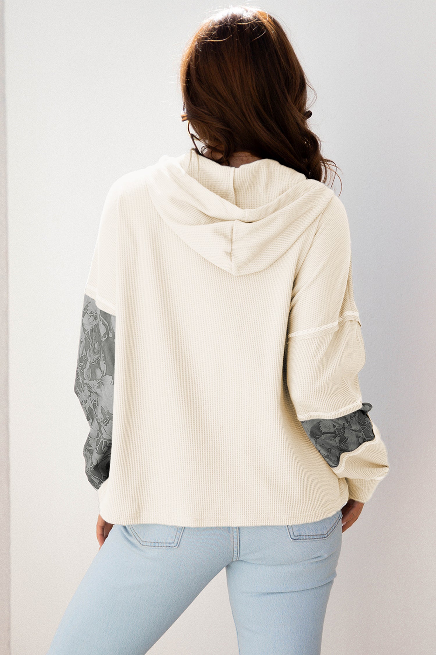 Gray Waffle Printed Patchwork Drawstring Hooded Long Sleeve Top